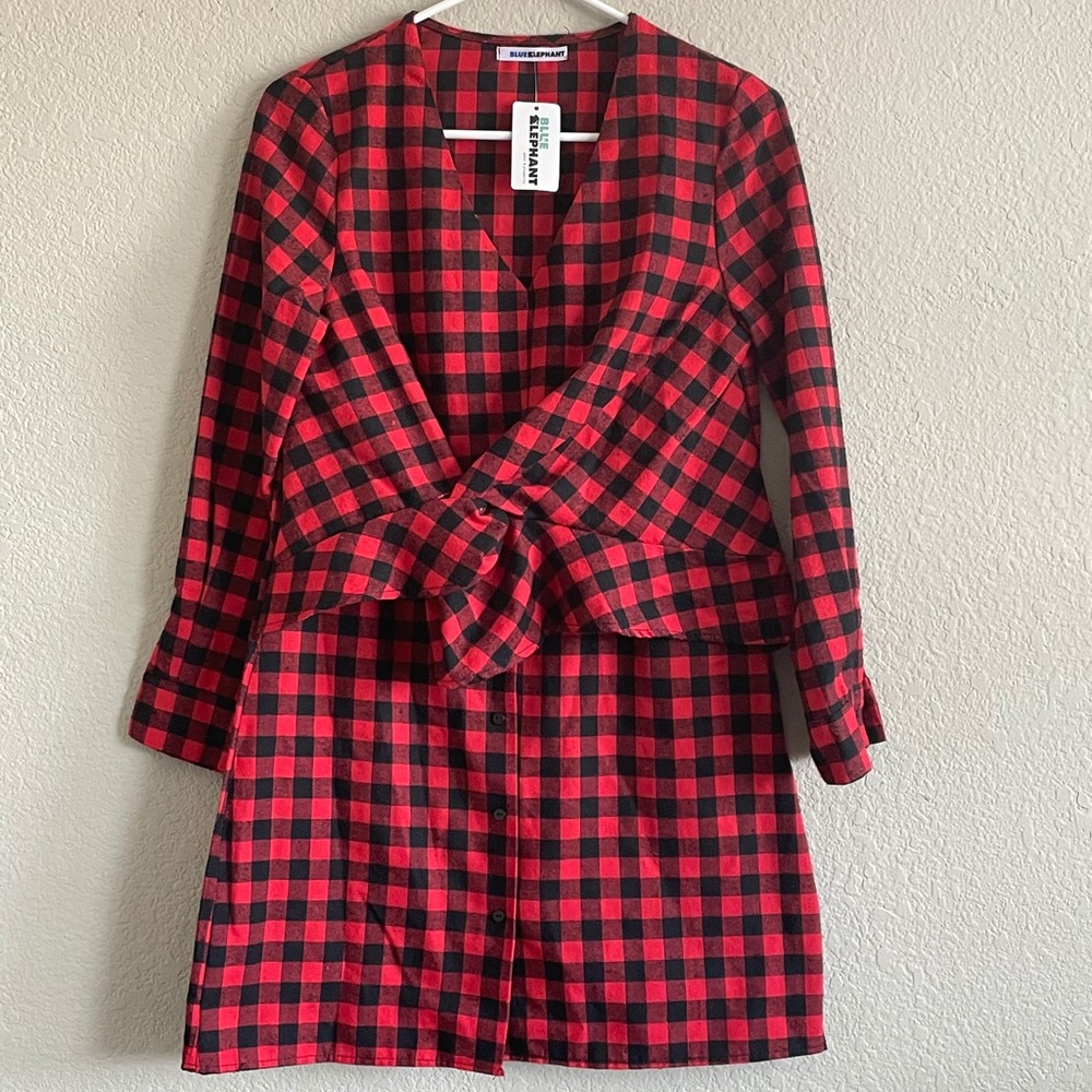 Blue Elephant Red Black Buffalo Plaid Shirt Dress Tie Waist NWT Small